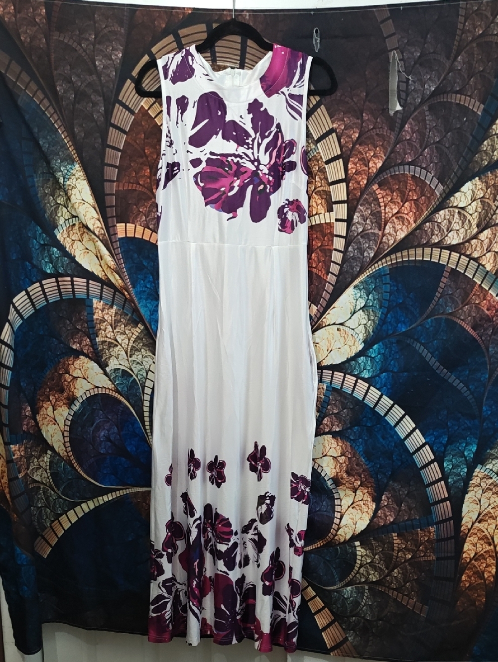 Sleeveless White Maxi Dress with Purple Floral Accents